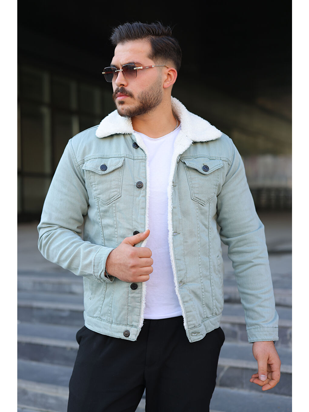 Turkuaz Erkek Trend Kışlık Içi Kürklü S.Yeşil Jean Ceket-2