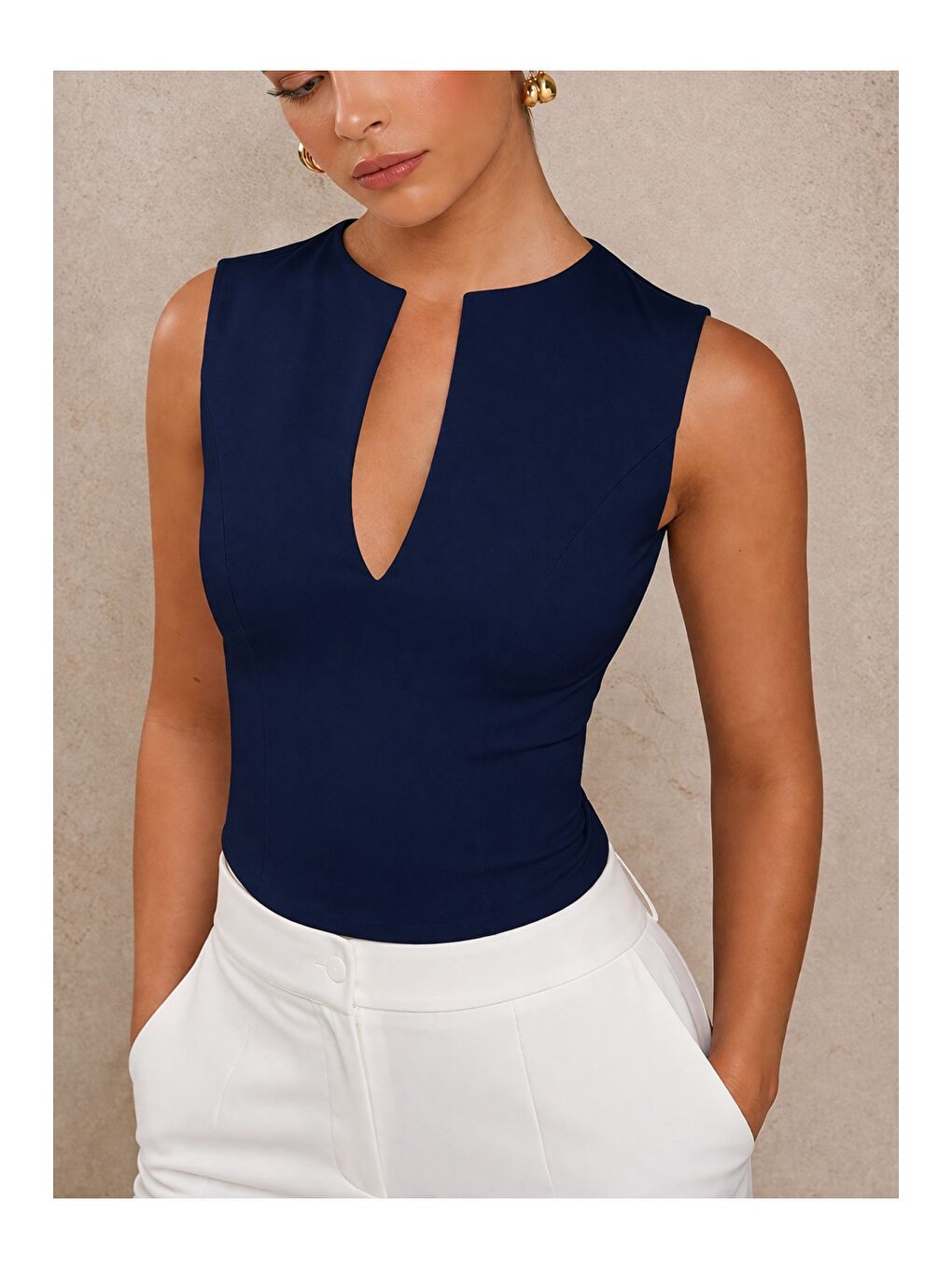 Lacivert Kadın Derin V Yaka Atlet Esnek Kumaş Crop Üst-2