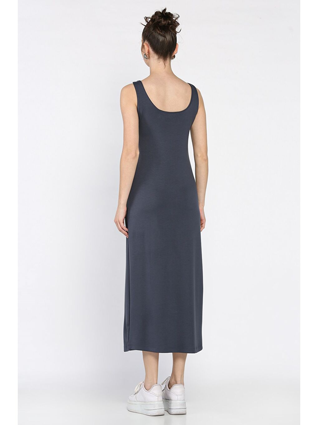 Gri Kadın Kalın Askılı Modal Kumaş Elastanlı Elbise-3