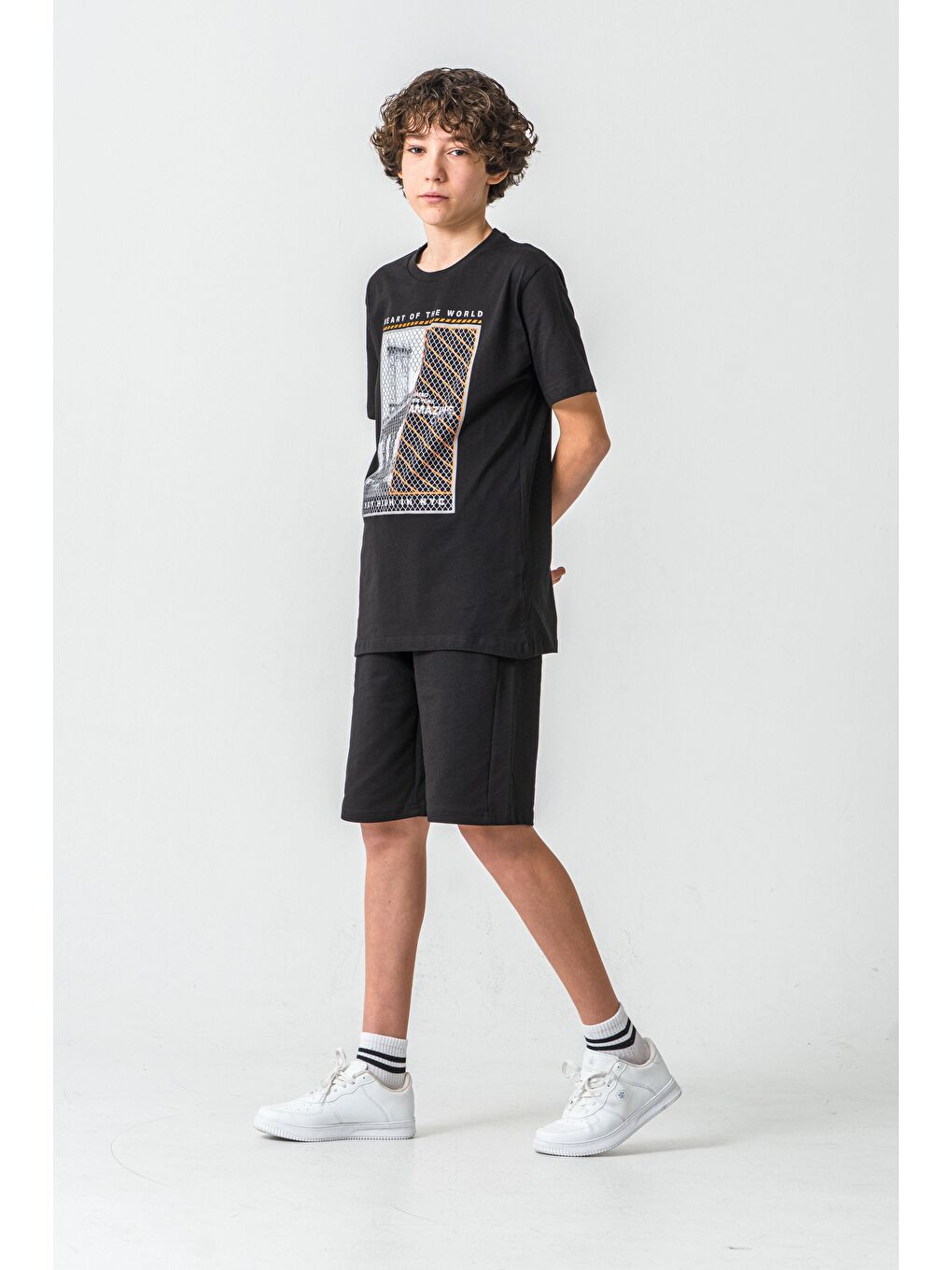 Siyah Heart Of The World Baskılı Cep Altı New York Amazing City Baskılı Erkek Çocuk Şort - Tişört Takımı-1