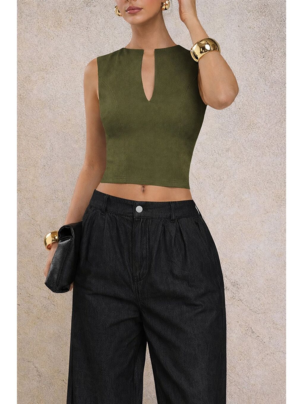 Haki Kadın Derin V Yaka Atlet Esnek Kumaş Crop Üst-3