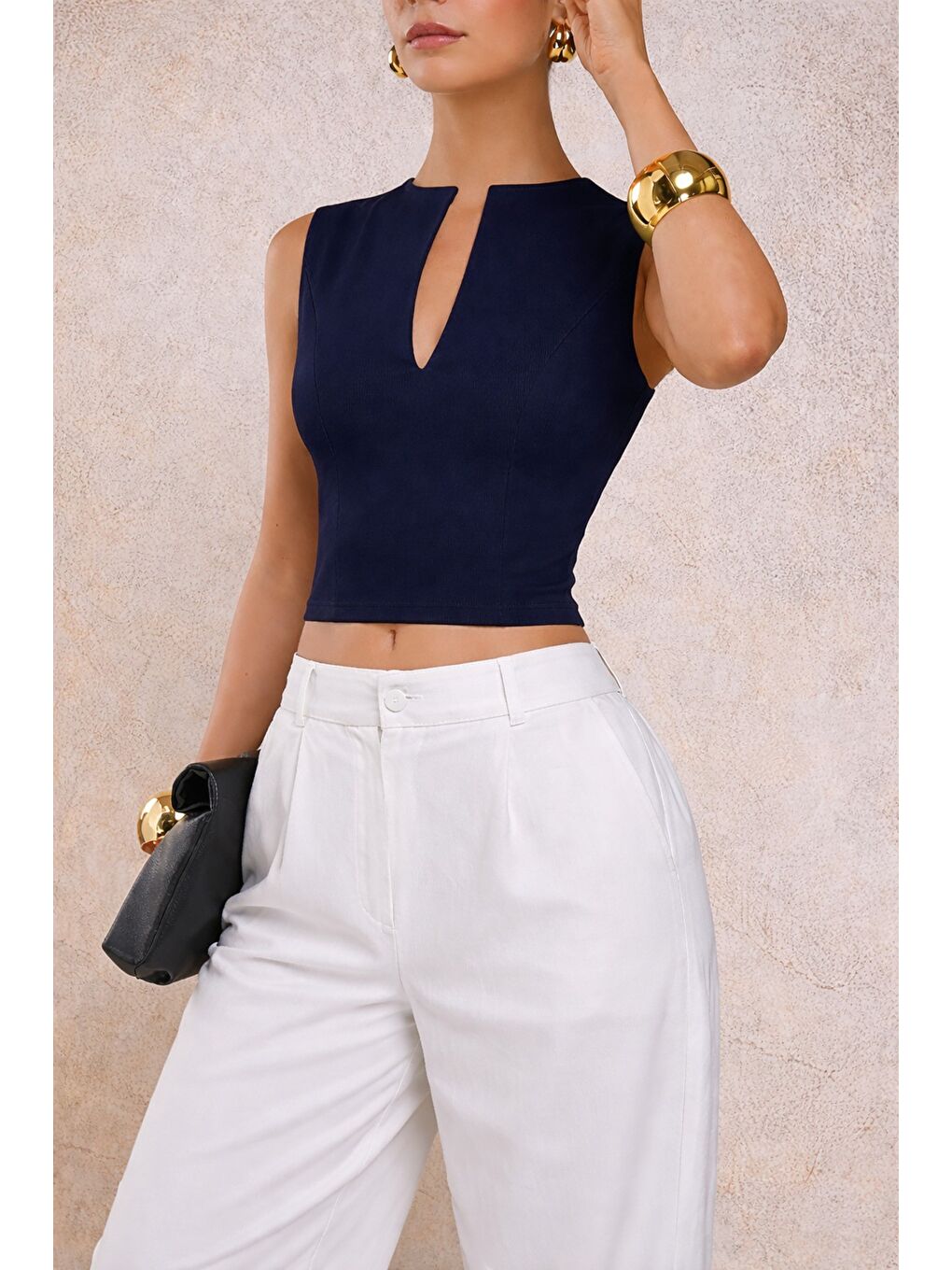 Lacivert Kadın Derin V Yaka Atlet Esnek Kumaş Crop Üst-3