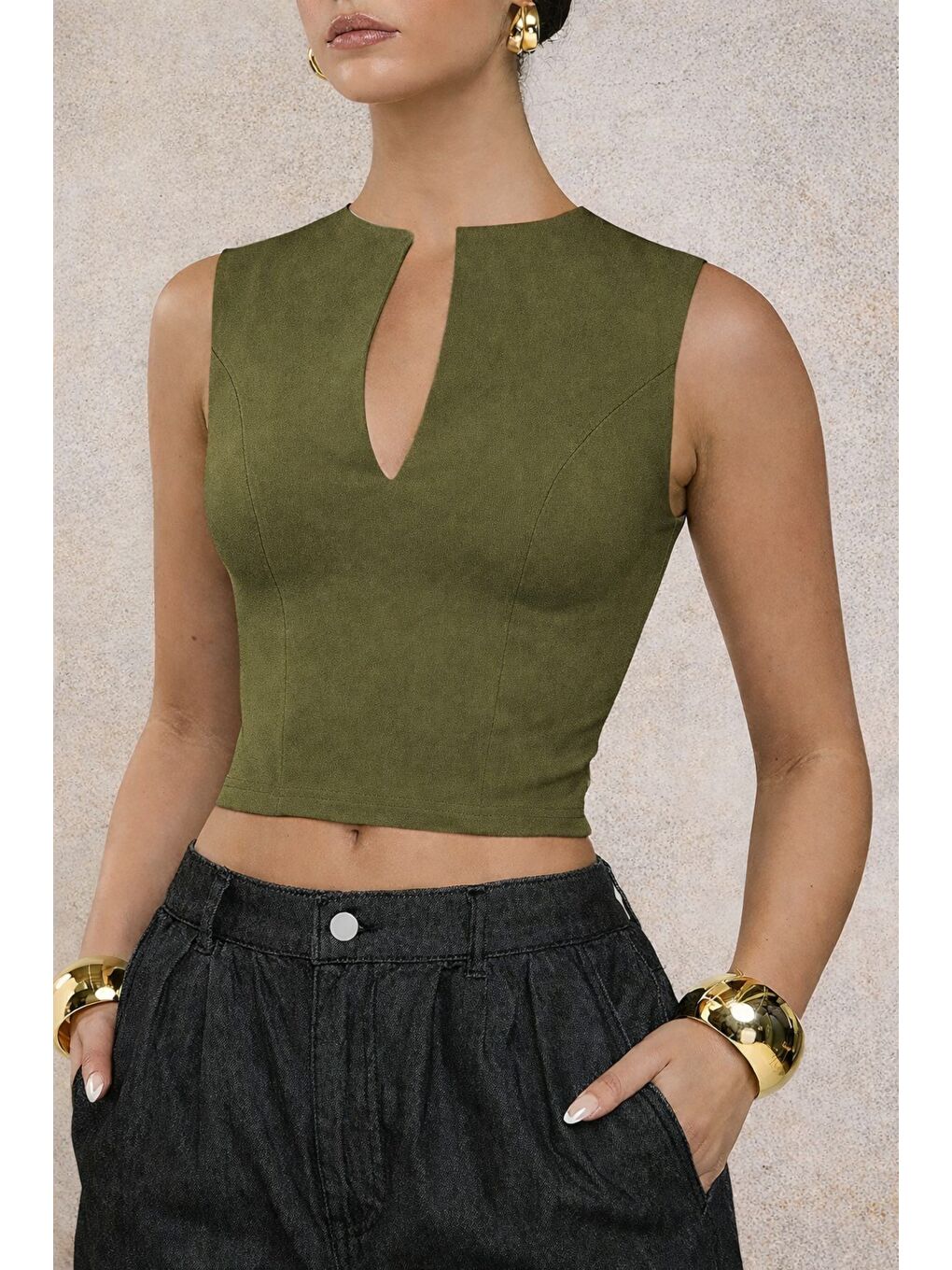 Haki Kadın Derin V Yaka Atlet Esnek Kumaş Crop Üst-4
