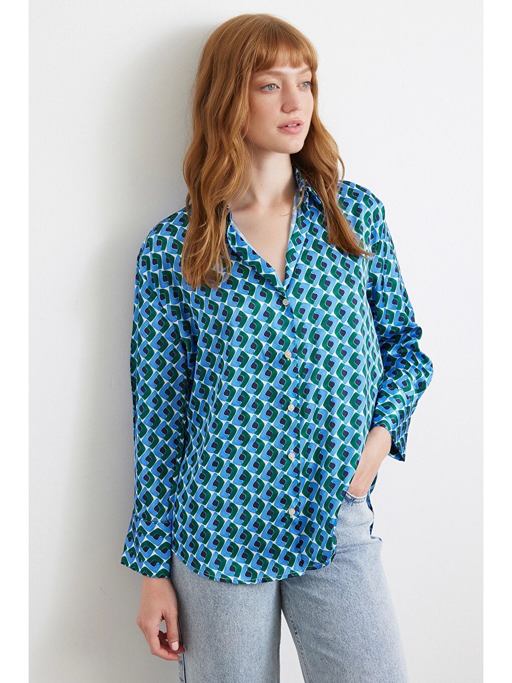 Geometrik Desenli Saten Gömlek Mavi-2