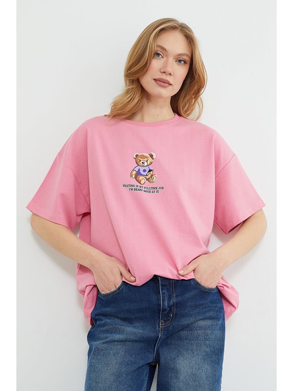 Pembe Ayıcık Ve Yazı Baskılı Oversize Tişört
