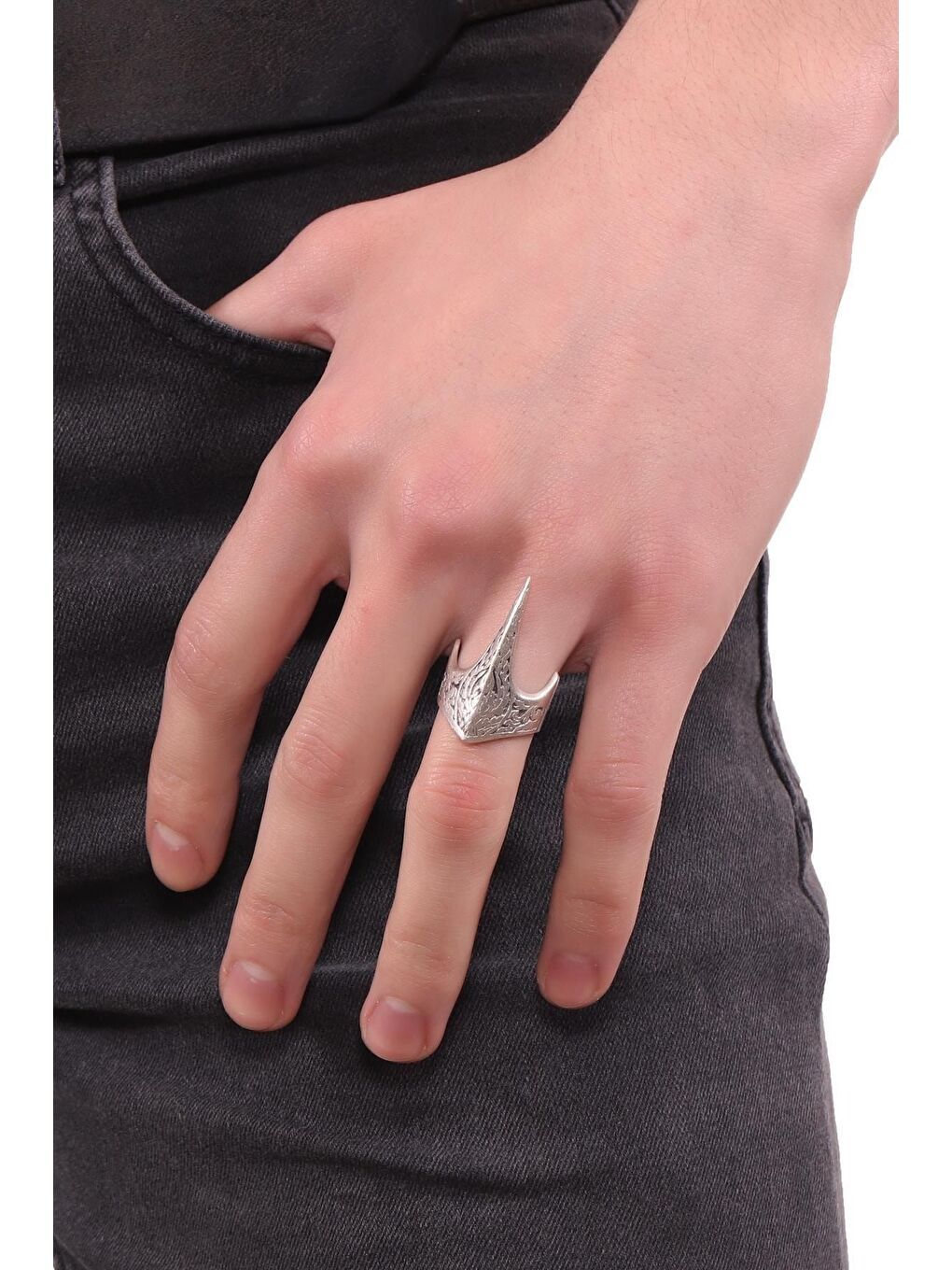 Gri Erkek Antik Gümüş Kartal Gaga Yüzük-2