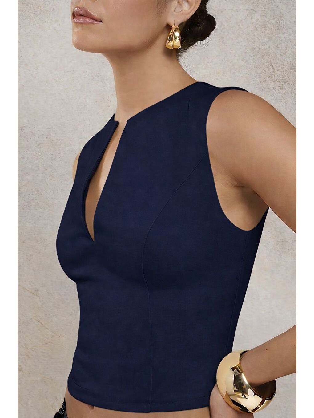 Lacivert Kadın Derin V Yaka Atlet Esnek Kumaş Crop Üst-4