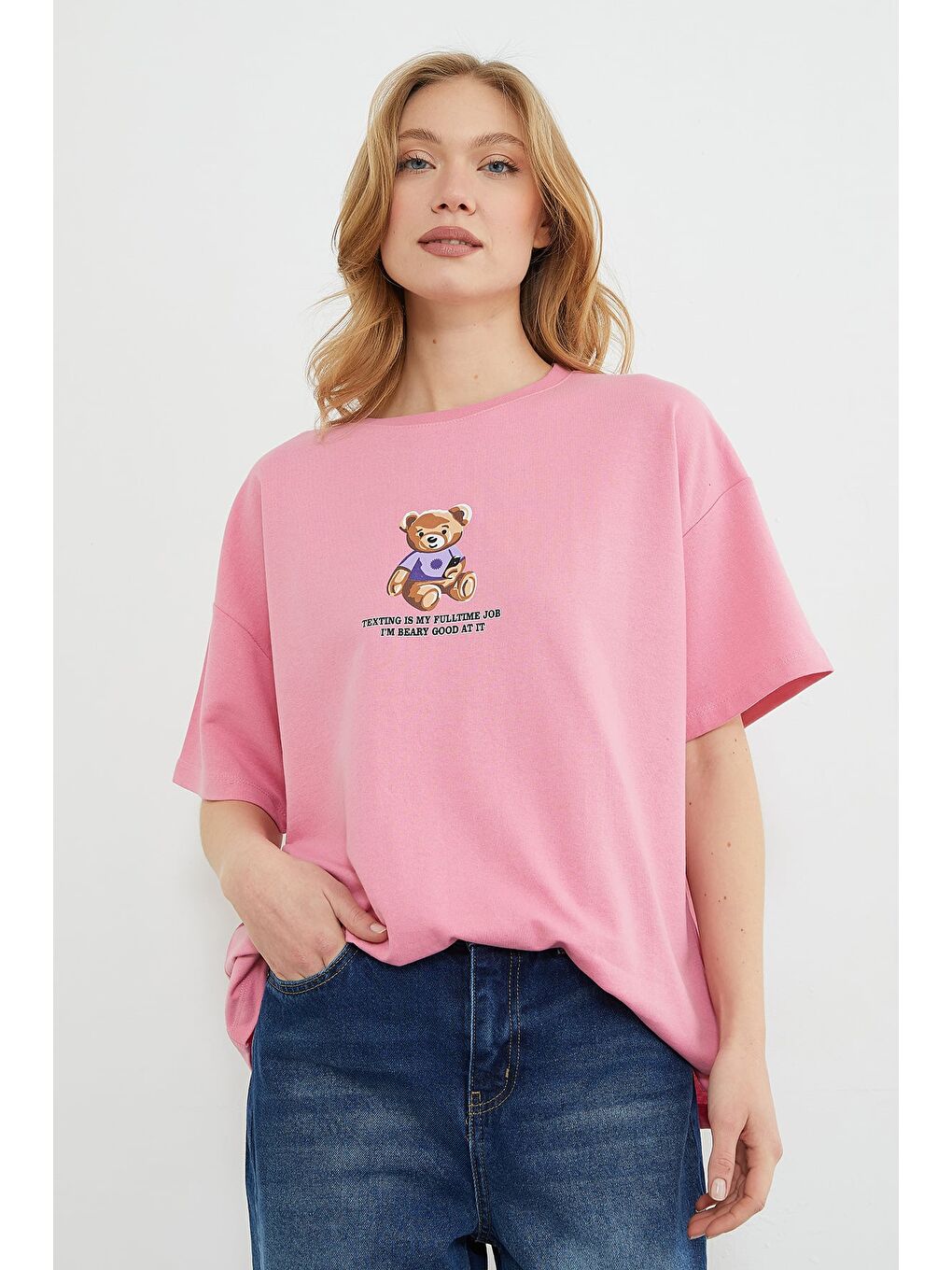 Pembe Ayıcık Ve Yazı Baskılı Oversize Tişört-1
