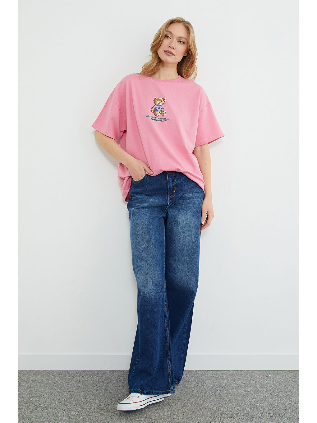 Pembe Ayıcık Ve Yazı Baskılı Oversize Tişört-2