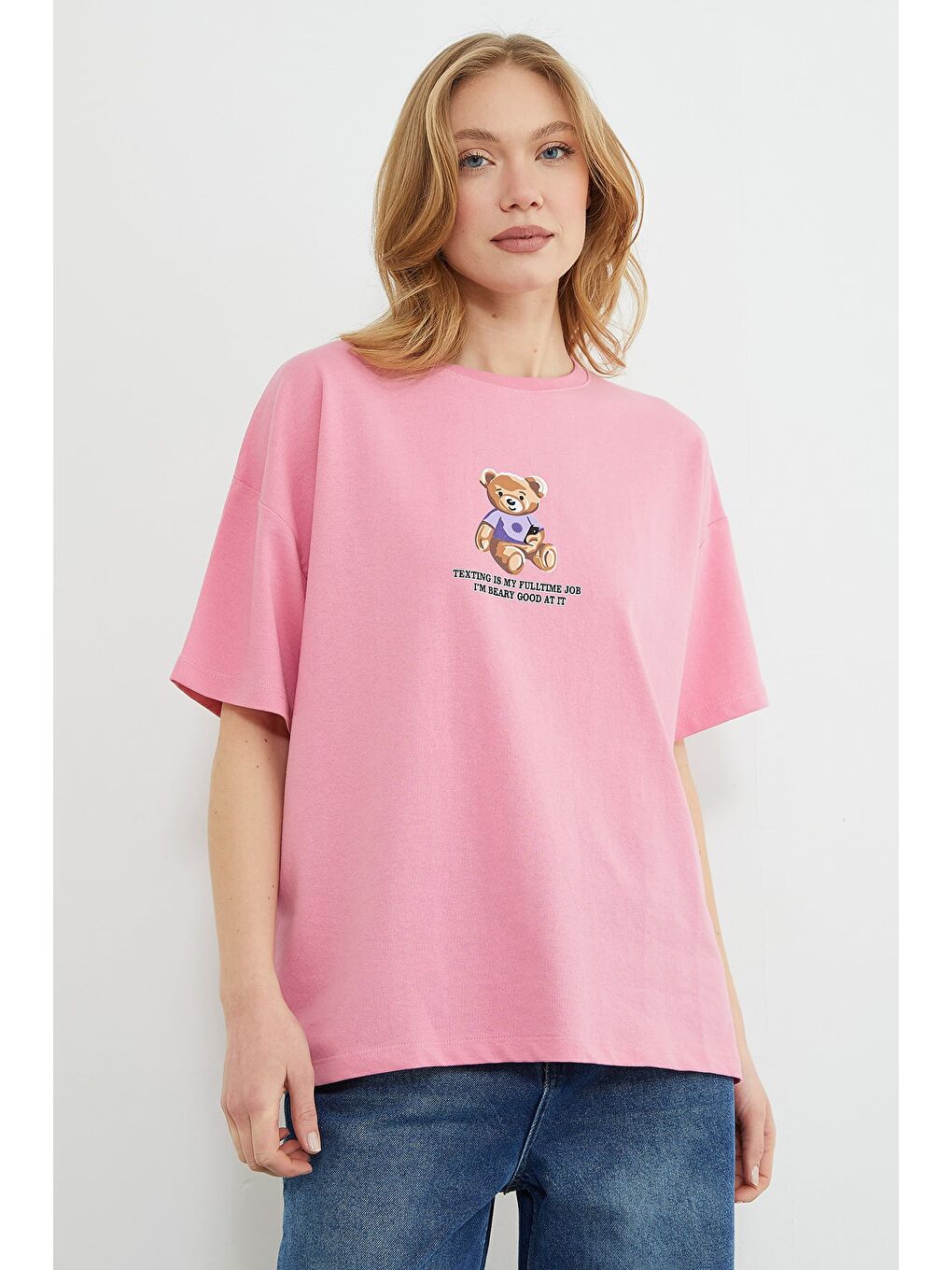 Pembe Ayıcık Ve Yazı Baskılı Oversize Tişört-3
