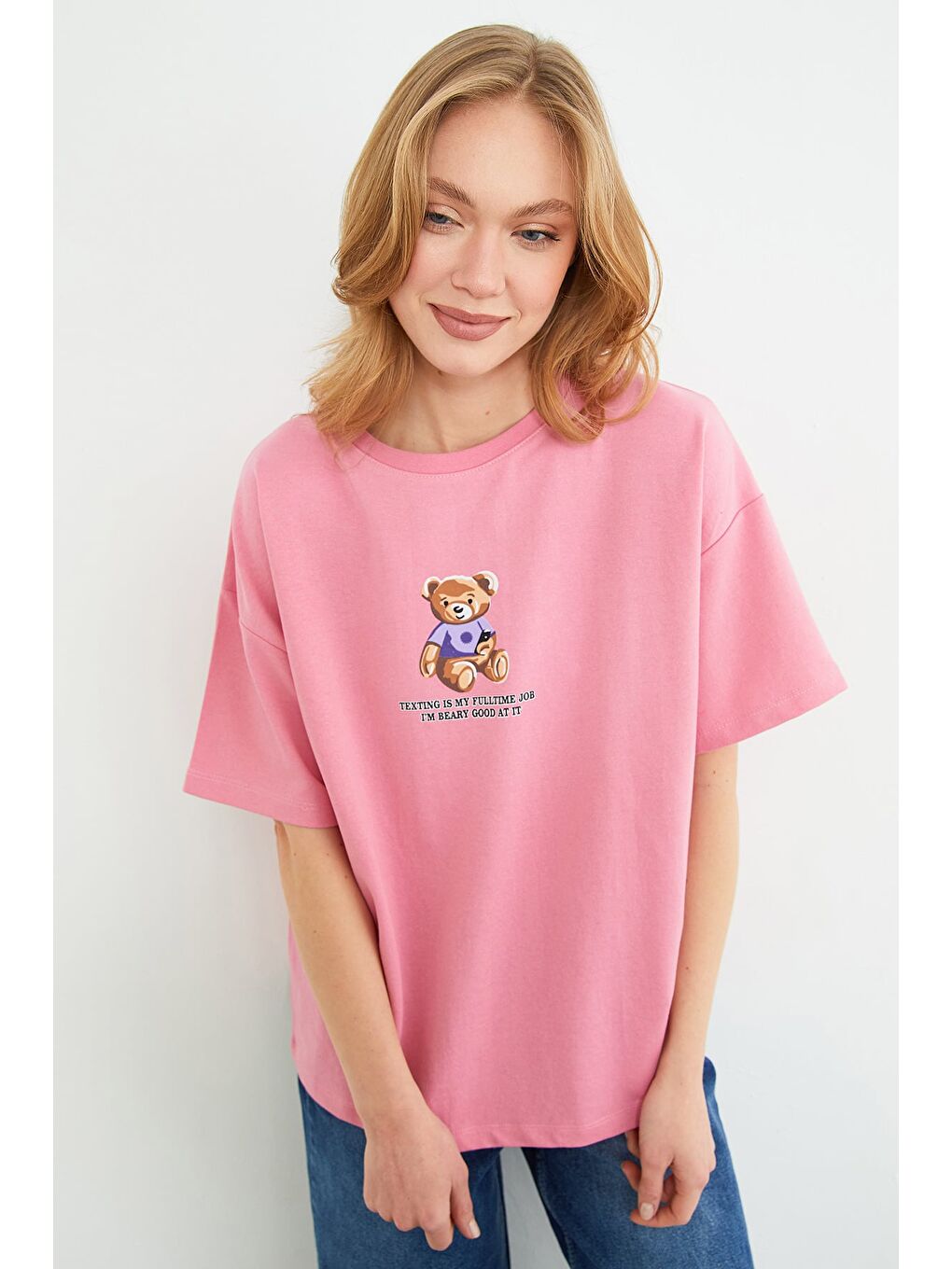 Pembe Ayıcık Ve Yazı Baskılı Oversize Tişört-4