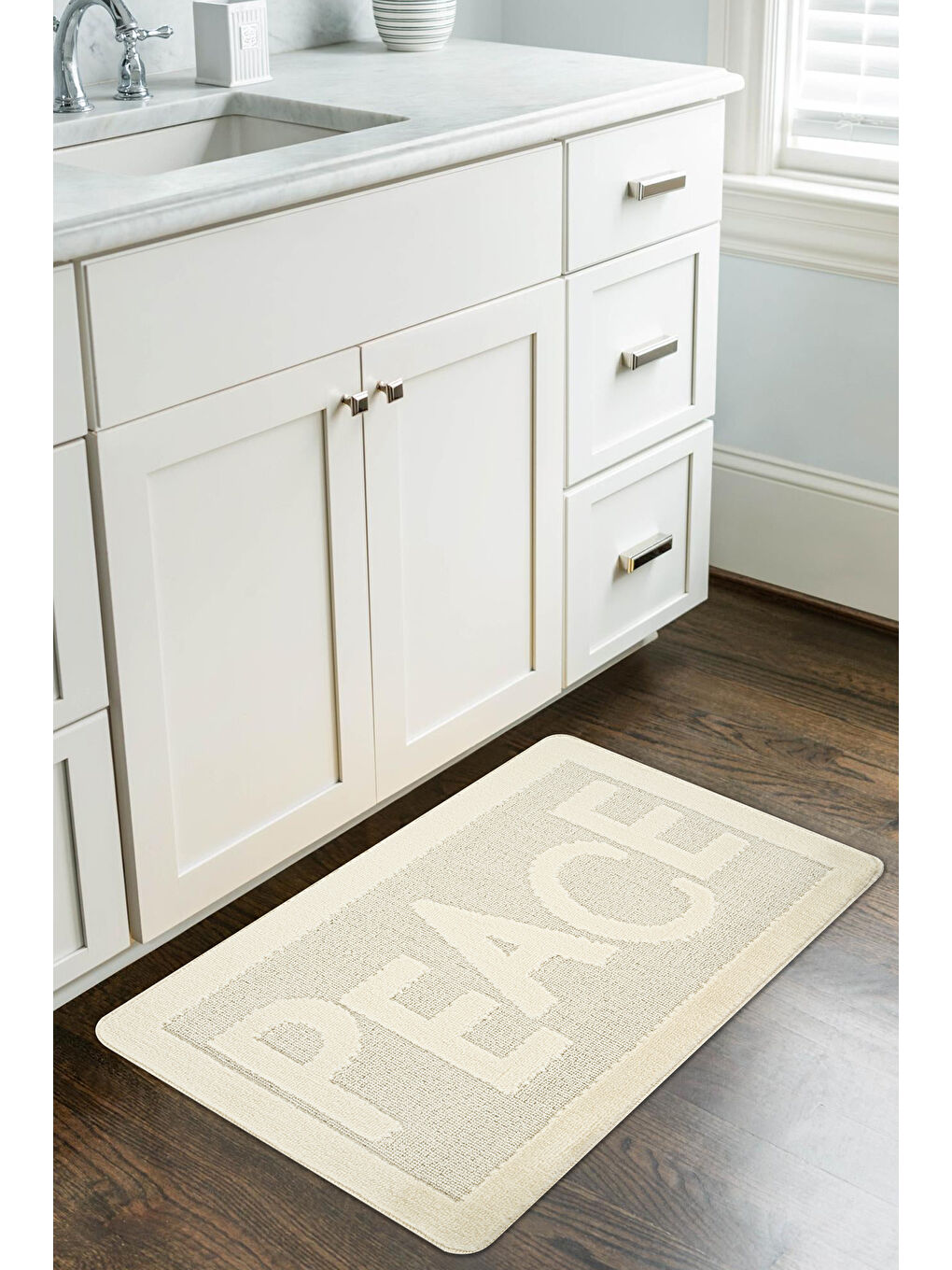 Ekru Doğal Kaymaz Taban Banyo Paspas Uzun Ömürlü Yumuşak Su Emici Yazılı Paspas Peace-Krem