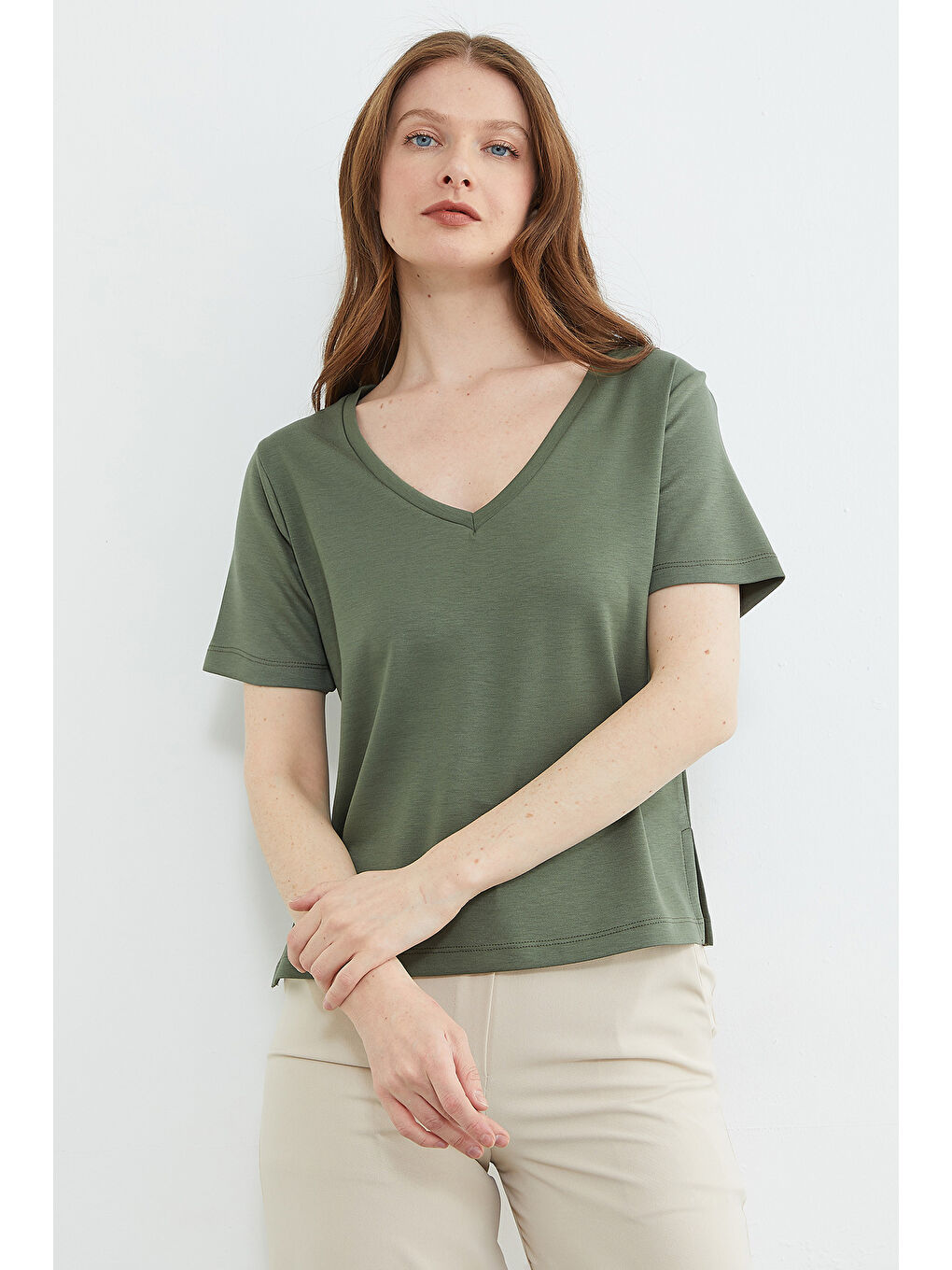 Haki Basic V Yaka Modal Tişört-2