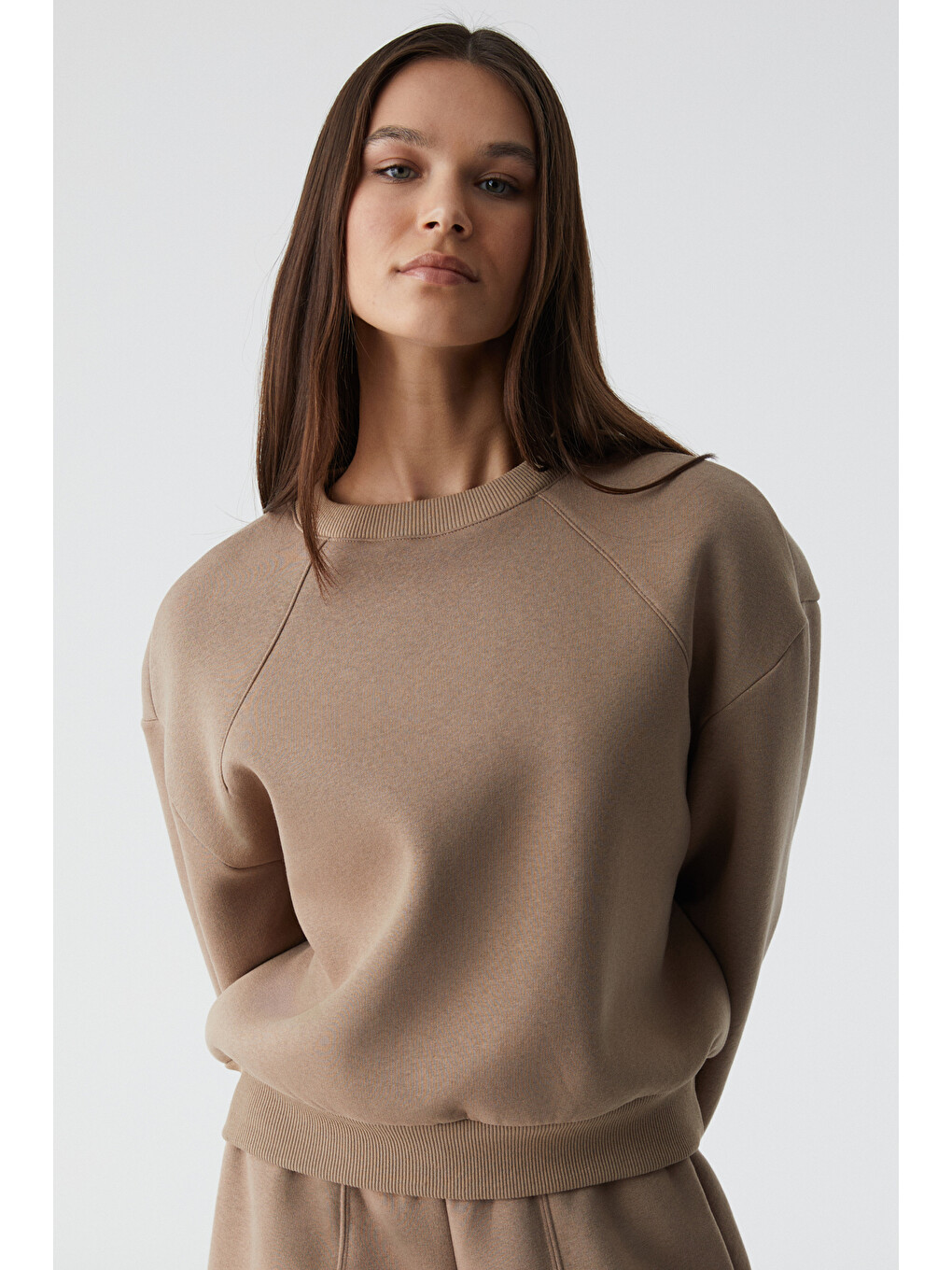 Bej Morgana Kadın Bisiklet Yaka Uzun Kollu Vizon Sweatshirt-2