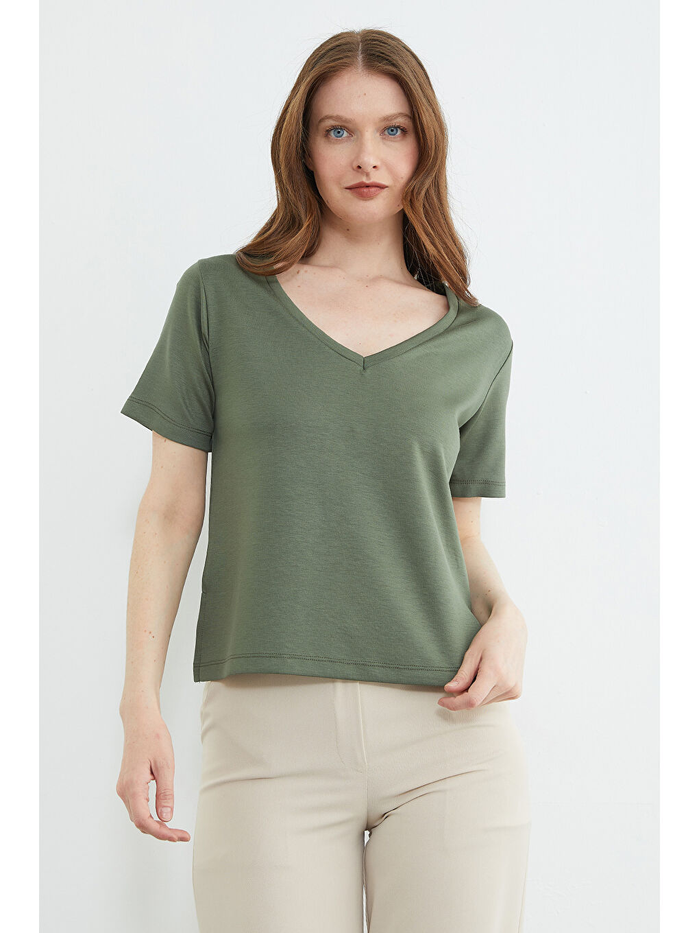 Haki Basic V Yaka Modal Tişört-3