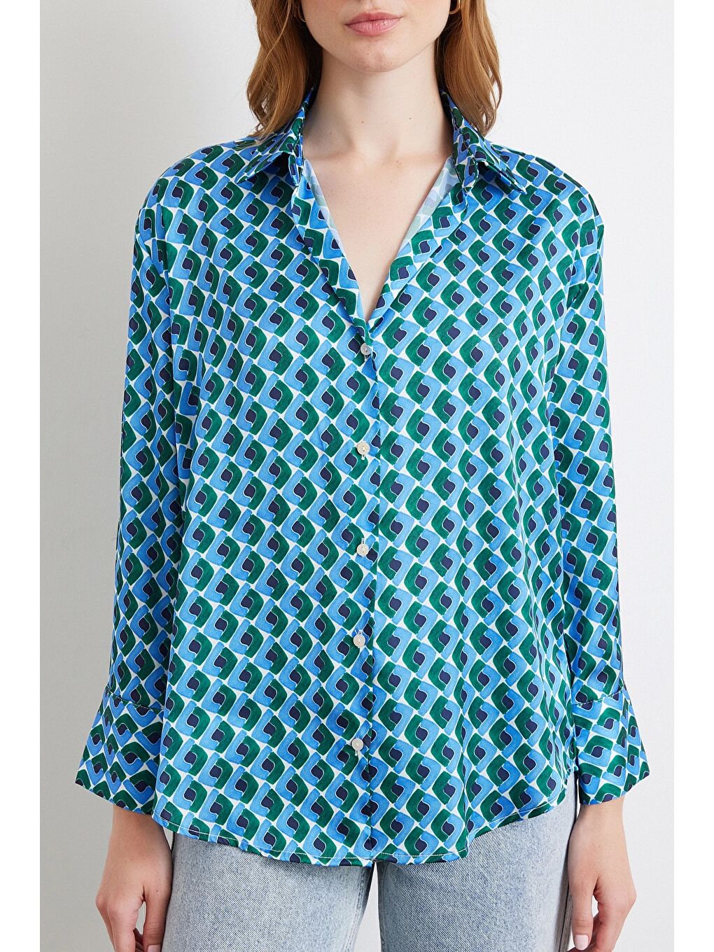 Geometrik Desenli Saten Gömlek Mavi-3