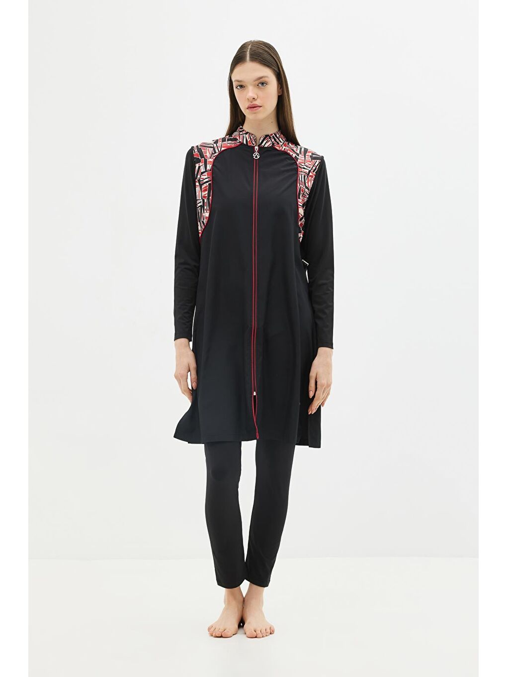 Fermuarlu 4’Lü Tesettür Mayo 6041 Kırmızı/Siyah