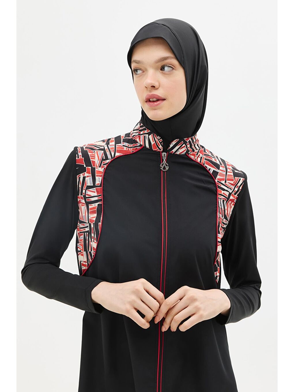 Fermuarlu 4’Lü Tesettür Mayo 6041 Kırmızı/Siyah-1