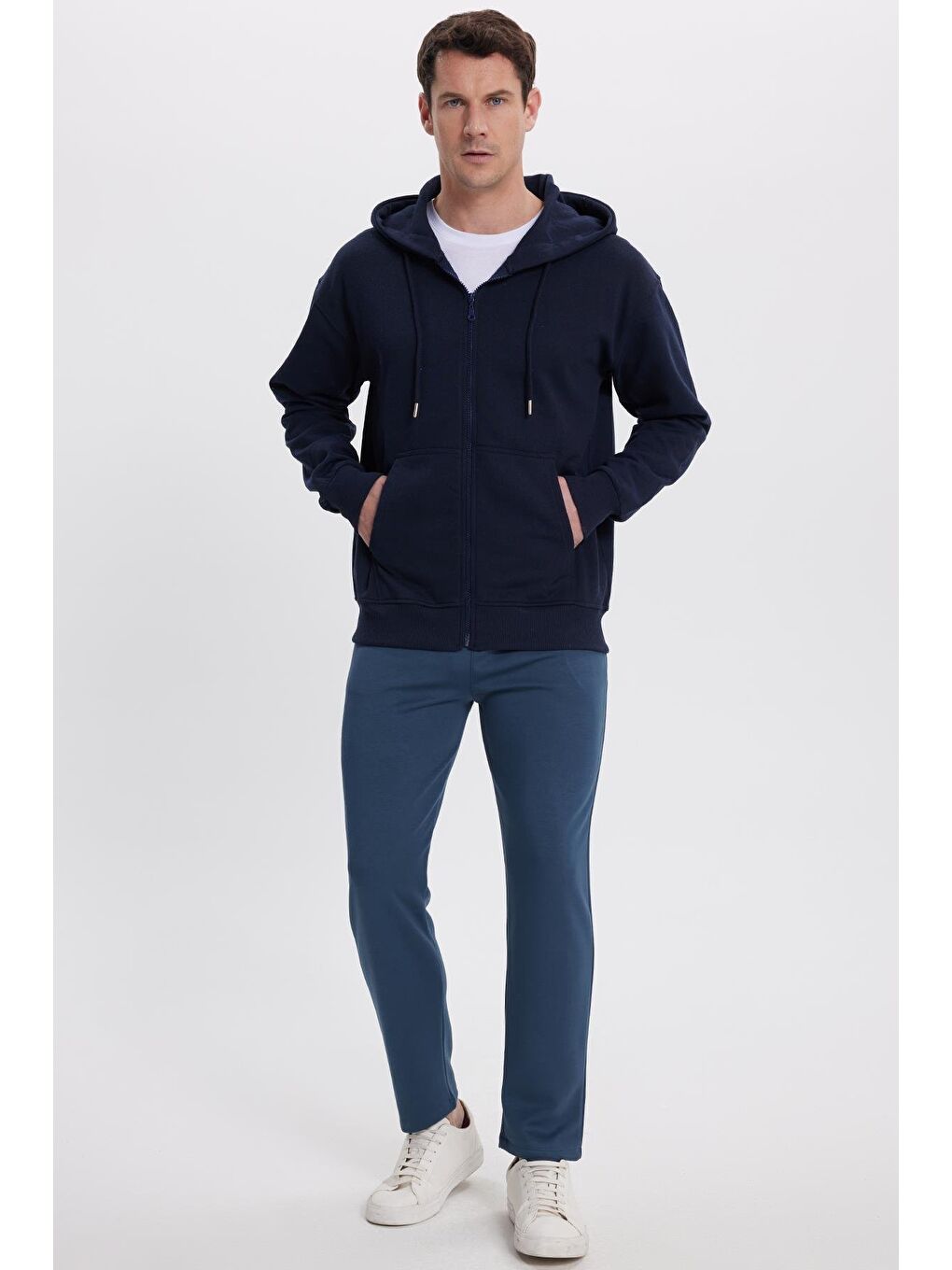 Erkek Slim Fit Dar Kesim Beli Bağcıklı 3 Cepli Geniş Paça Koyu Petrol Eşofman Altı-2