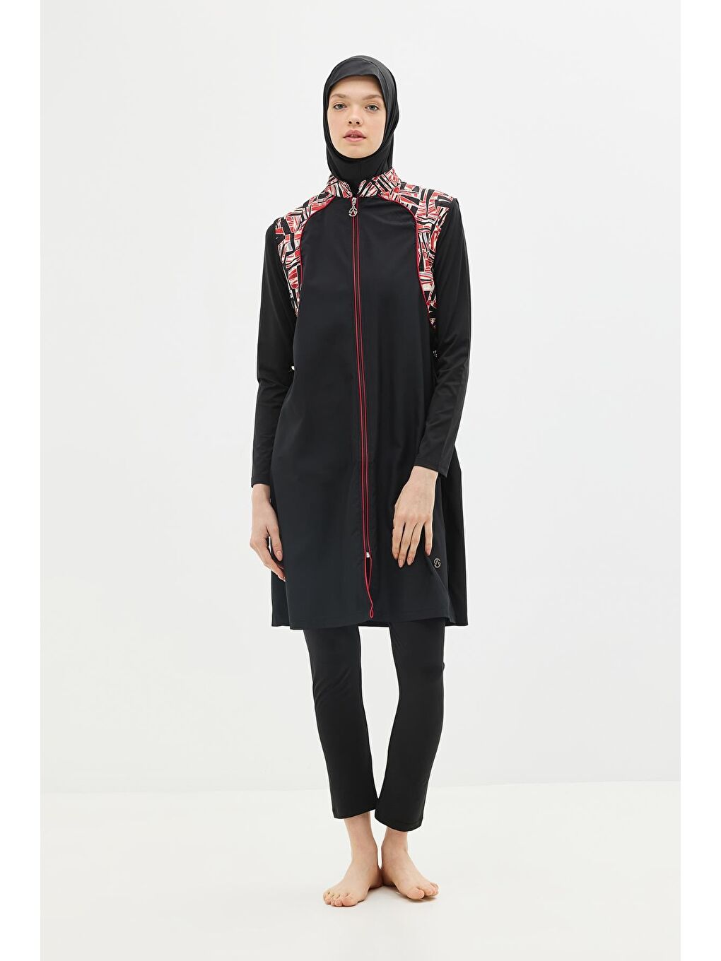 Fermuarlu 4’Lü Tesettür Mayo 6041 Kırmızı/Siyah-2