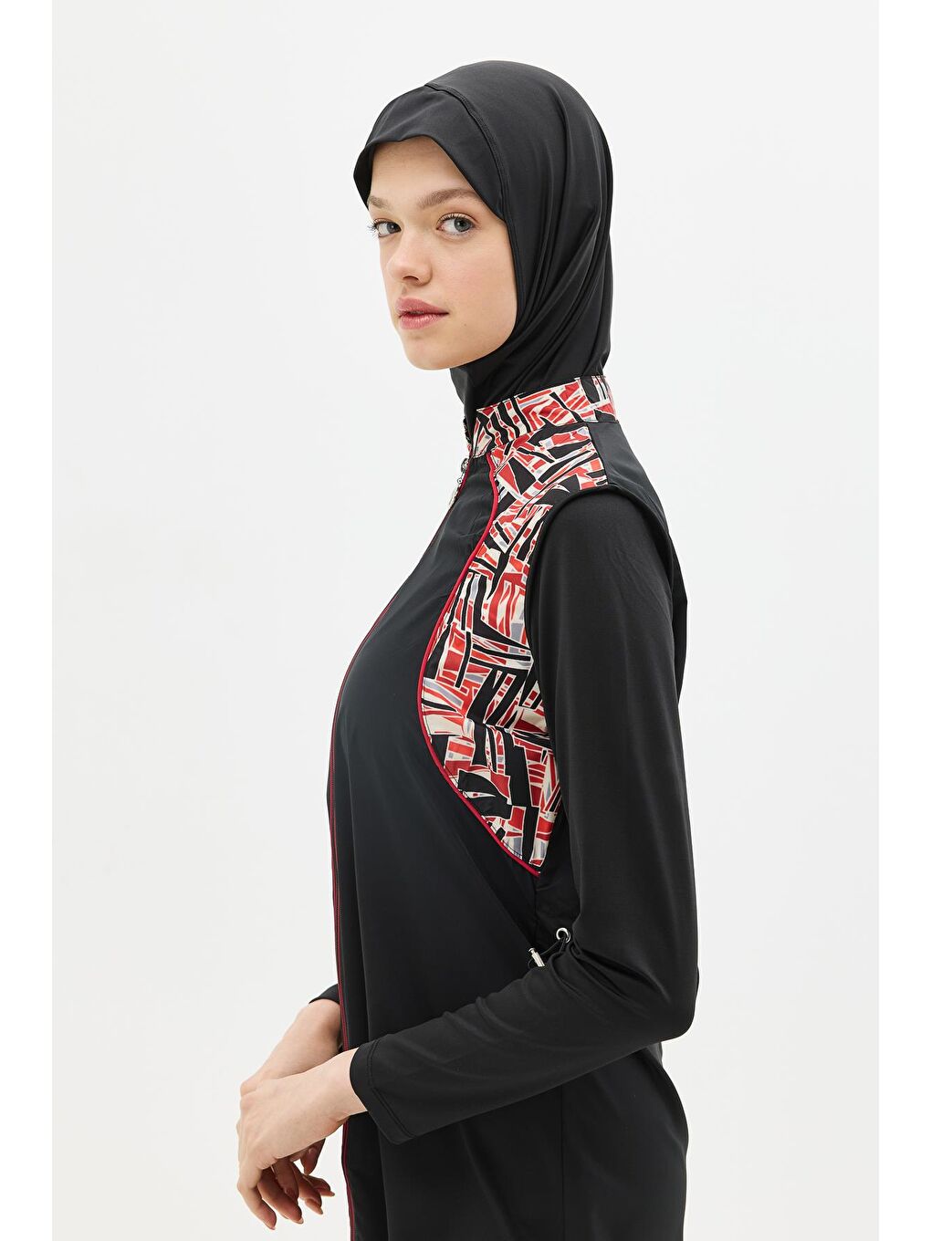 Fermuarlu 4’Lü Tesettür Mayo 6041 Kırmızı/Siyah-5