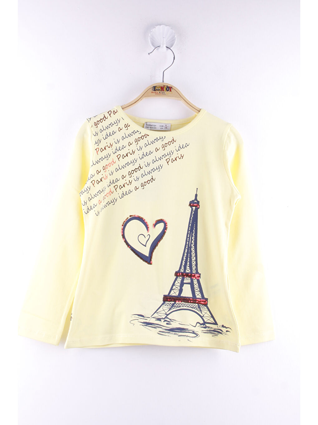 Sarı Kız Çocuk Paris Baskılı Pul Detaylı Tişört