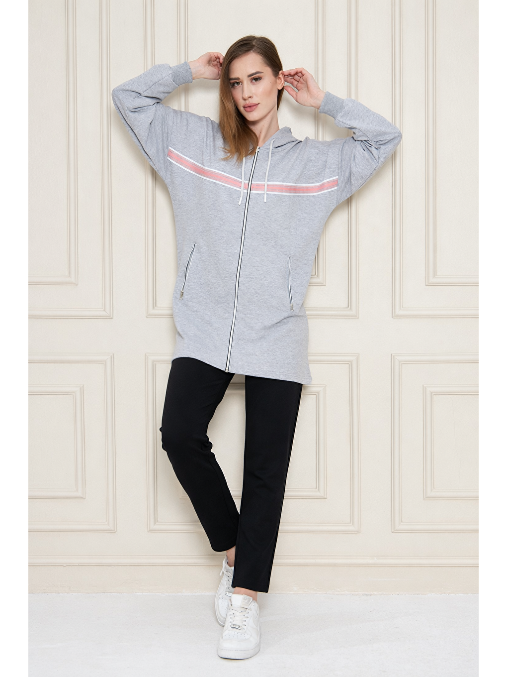 Kadın Pamuklu Tam Fermuarlı Kapüşonlu Uzun Tunik Eşofman Takımı Gri 5556-G-2