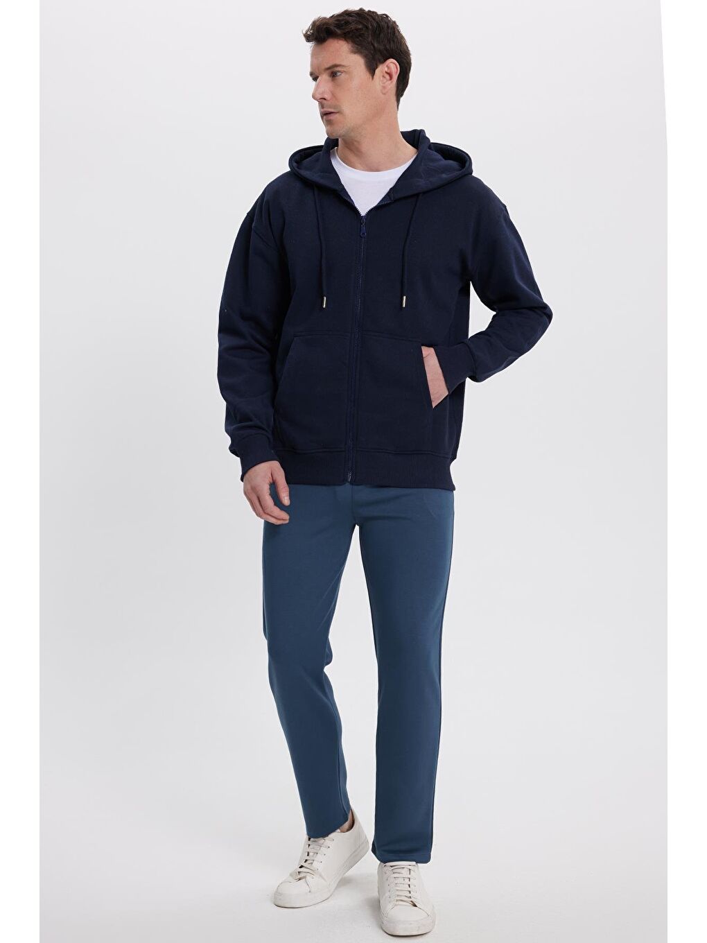 Erkek Slim Fit Dar Kesim Beli Bağcıklı 3 Cepli Geniş Paça Koyu Petrol Eşofman Altı-4