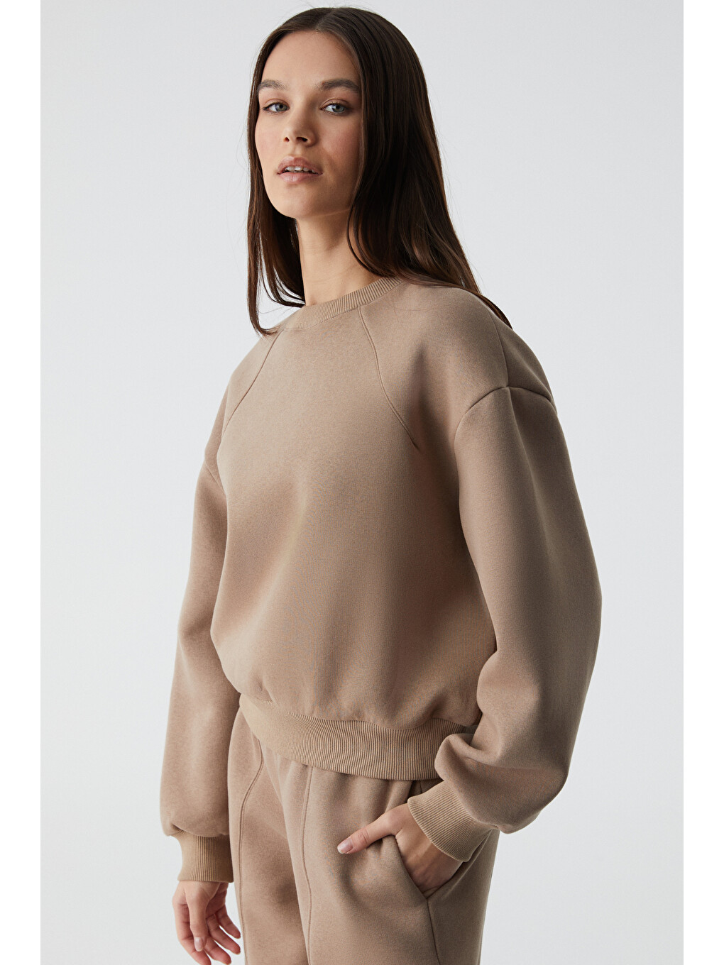 Bej Morgana Kadın Bisiklet Yaka Uzun Kollu Vizon Sweatshirt-4