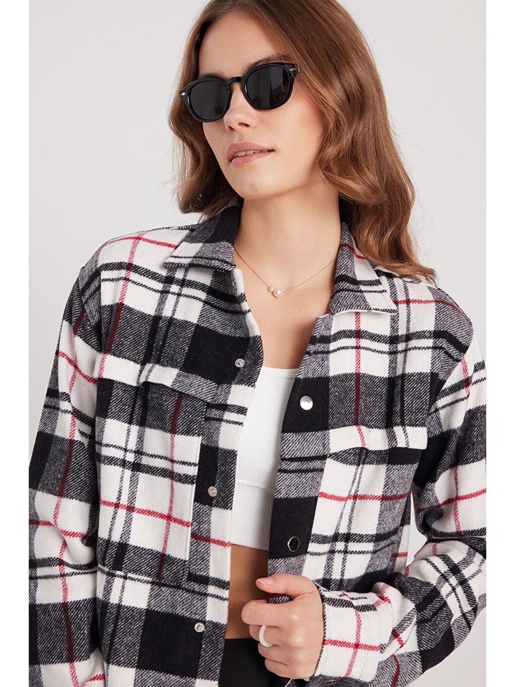 Karışık Kadın Relax Fit Rahat Kesim Uzun Kollu Çift Cepli Kareli Kışlık Oduncu Apaş Yaka Gömlek-1