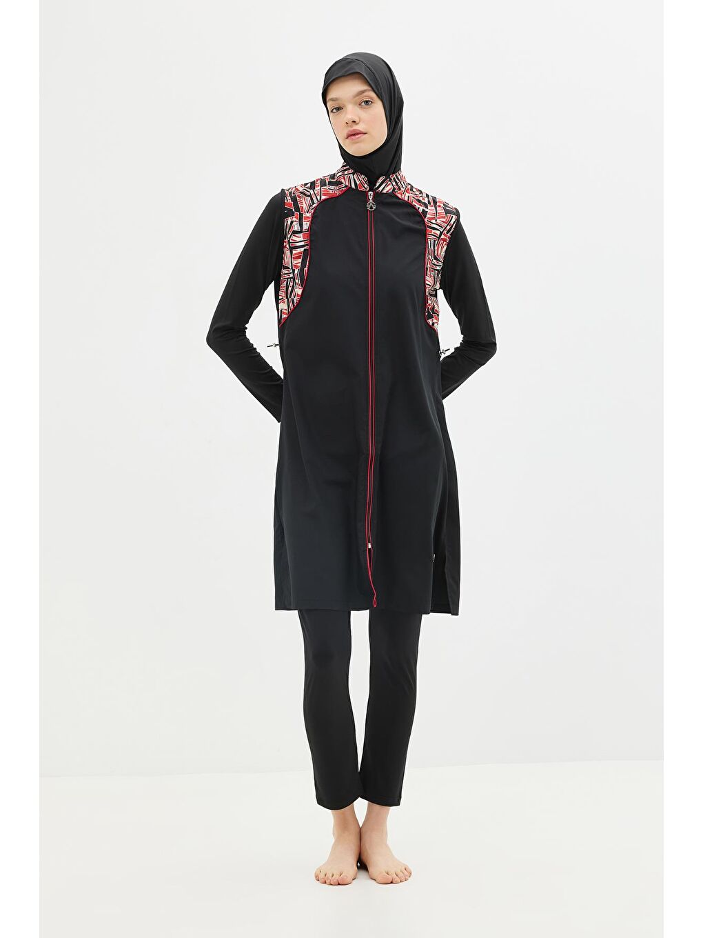 Fermuarlu 4’Lü Tesettür Mayo 6041 Kırmızı/Siyah-10