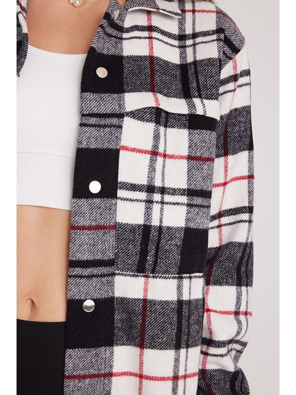 Karışık Kadın Relax Fit Rahat Kesim Uzun Kollu Çift Cepli Kareli Kışlık Oduncu Apaş Yaka Gömlek-2