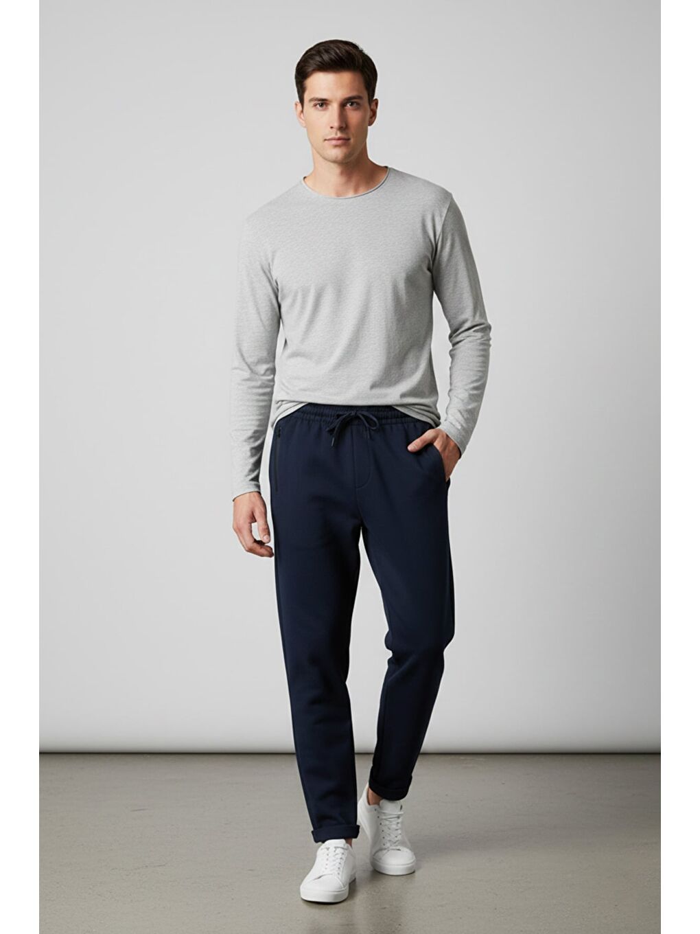 Lacivert Beli Bağcıklı Duble Paça Pantolon