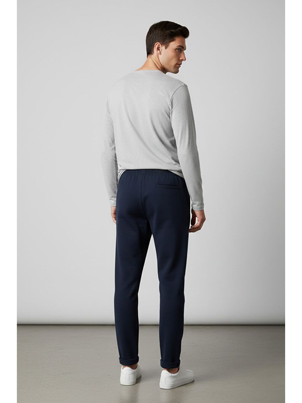 Lacivert Beli Bağcıklı Duble Paça Pantolon-1