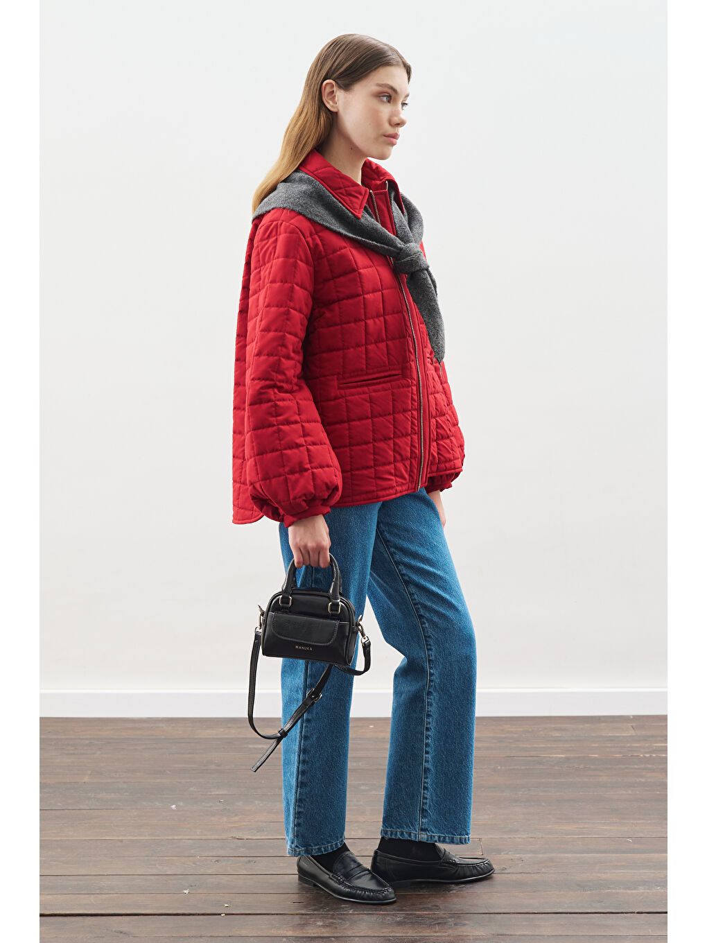 Balon Kol Detaylı Kapitone Mont Kırmızı-1