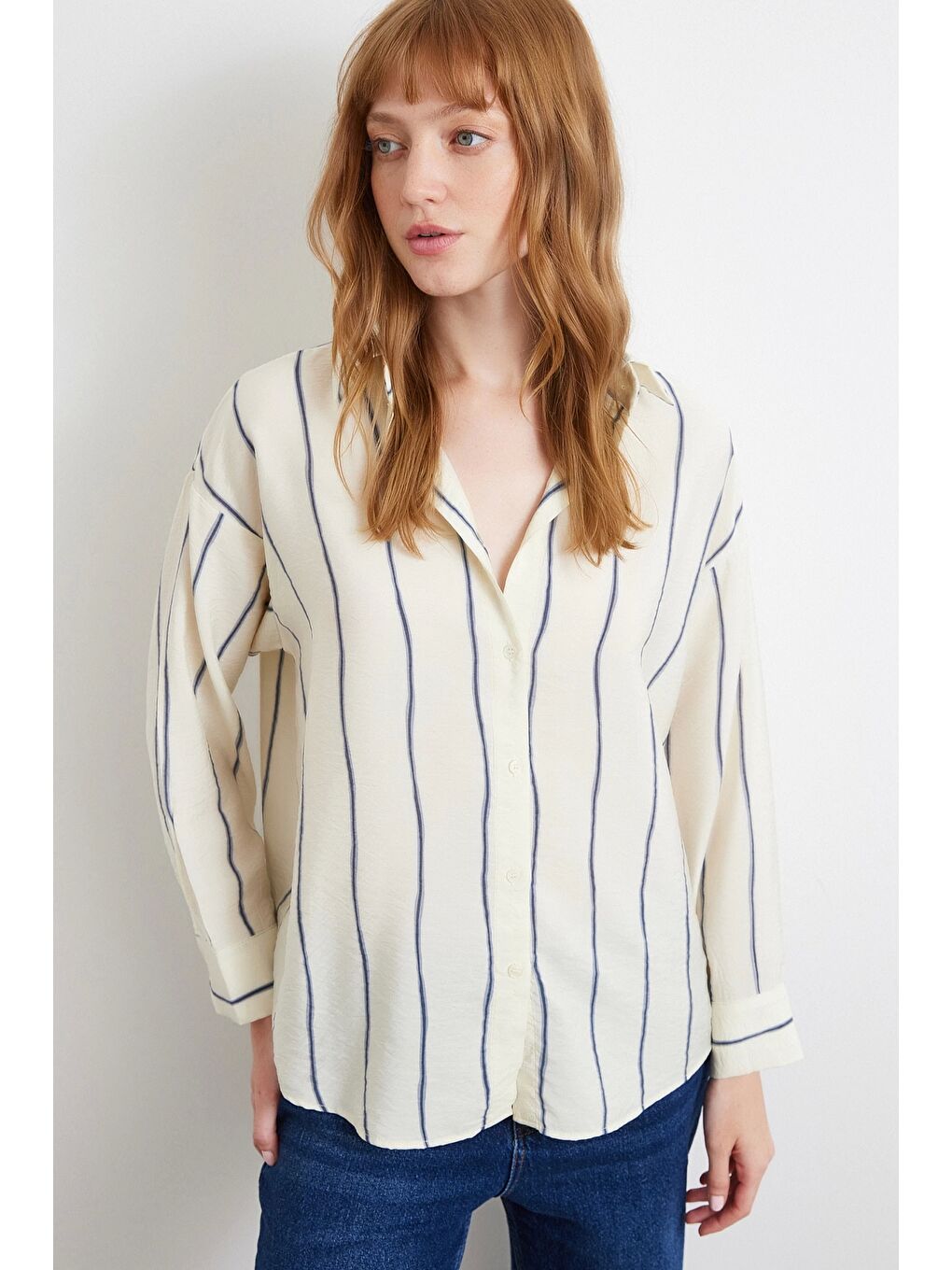 Çizgili Modal Gömlek İndigo-1