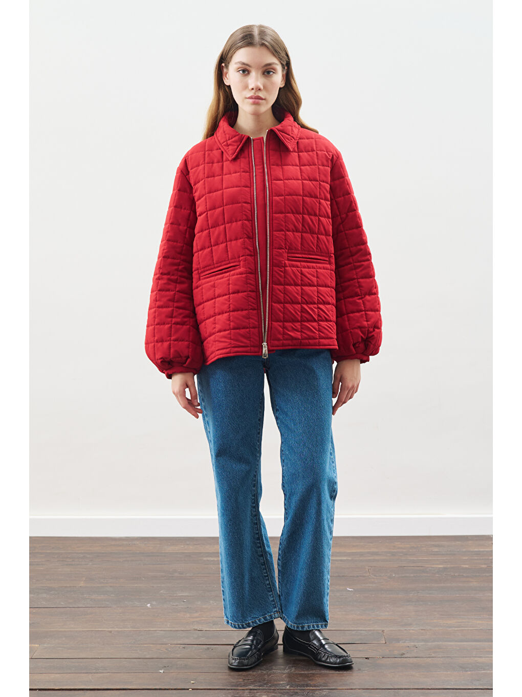 Balon Kol Detaylı Kapitone Mont Kırmızı-2