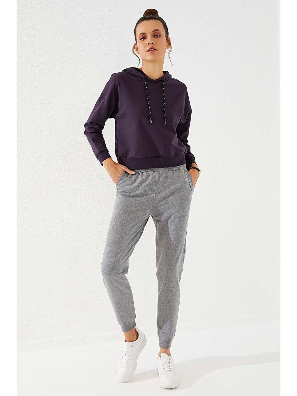 Gri Melanj Baskı Cepli Jogger Rahat Form Manşetli Kadın Eşofman Alt - 94574