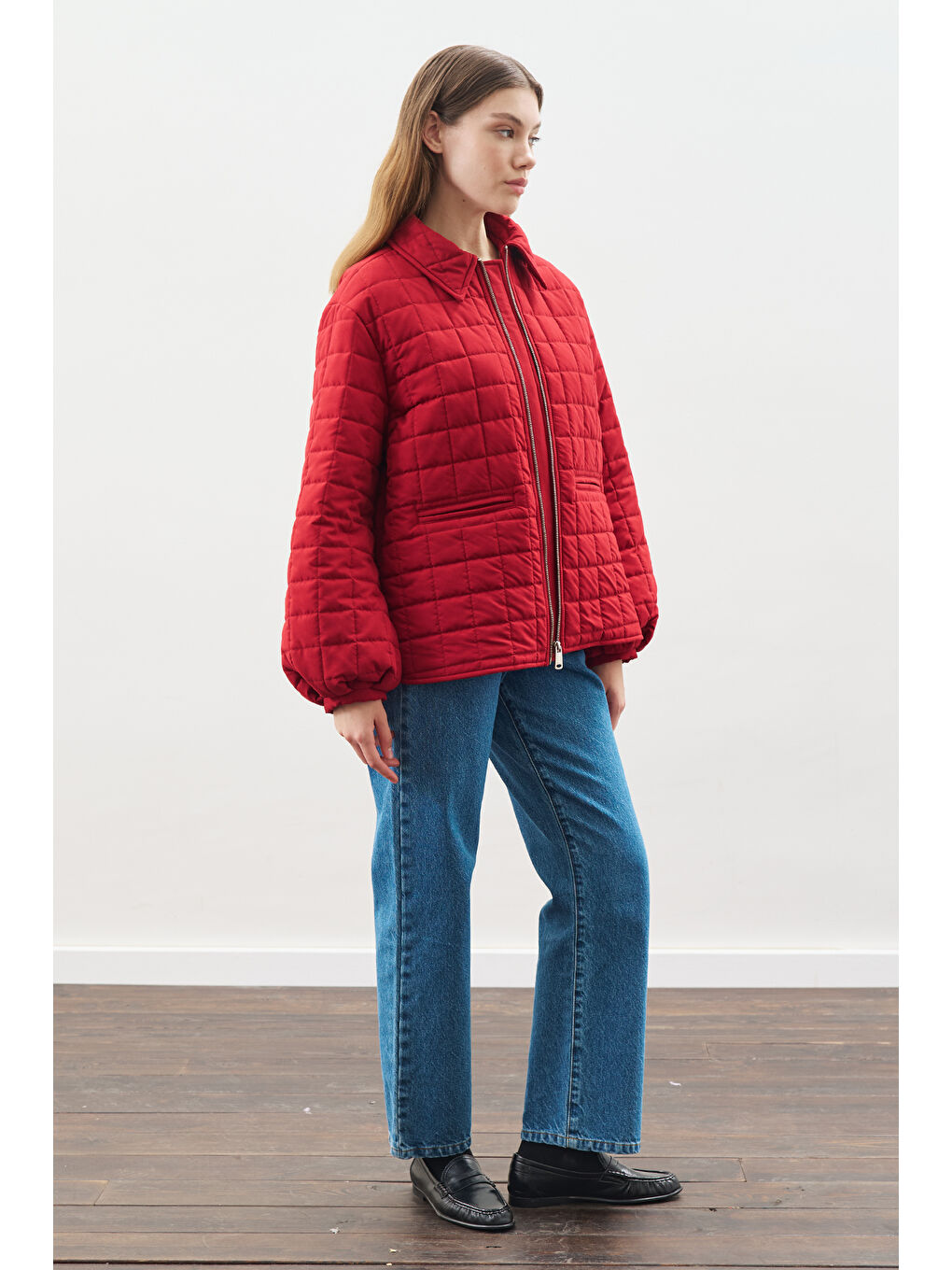 Balon Kol Detaylı Kapitone Mont Kırmızı-3