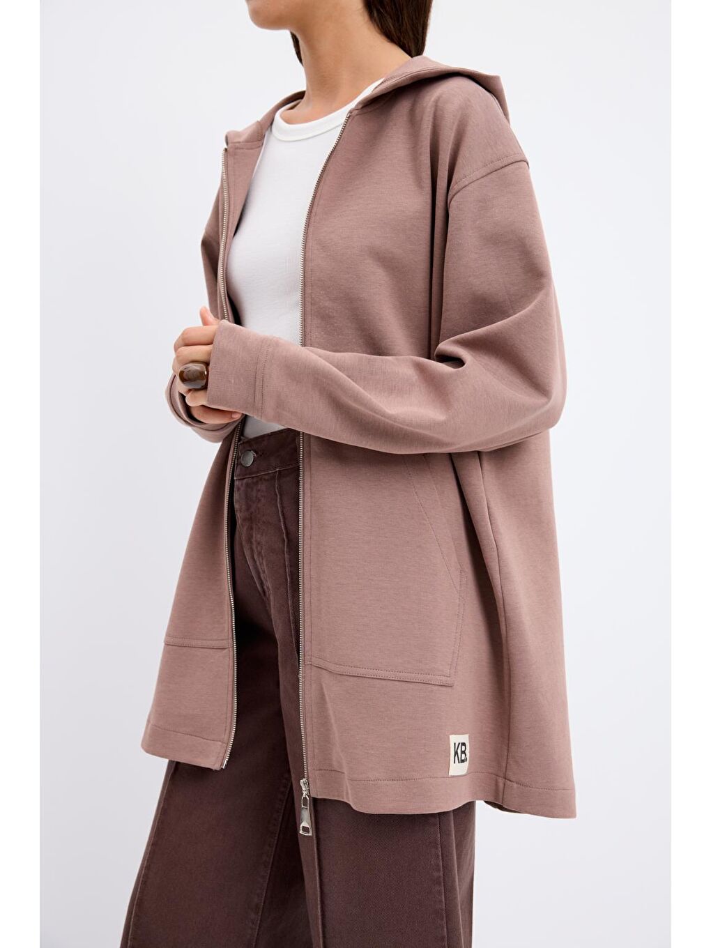 Kahverengi Fermuarlı Kanguru Cepli Kapüşonlu Hırka Tozlu Kahve-1