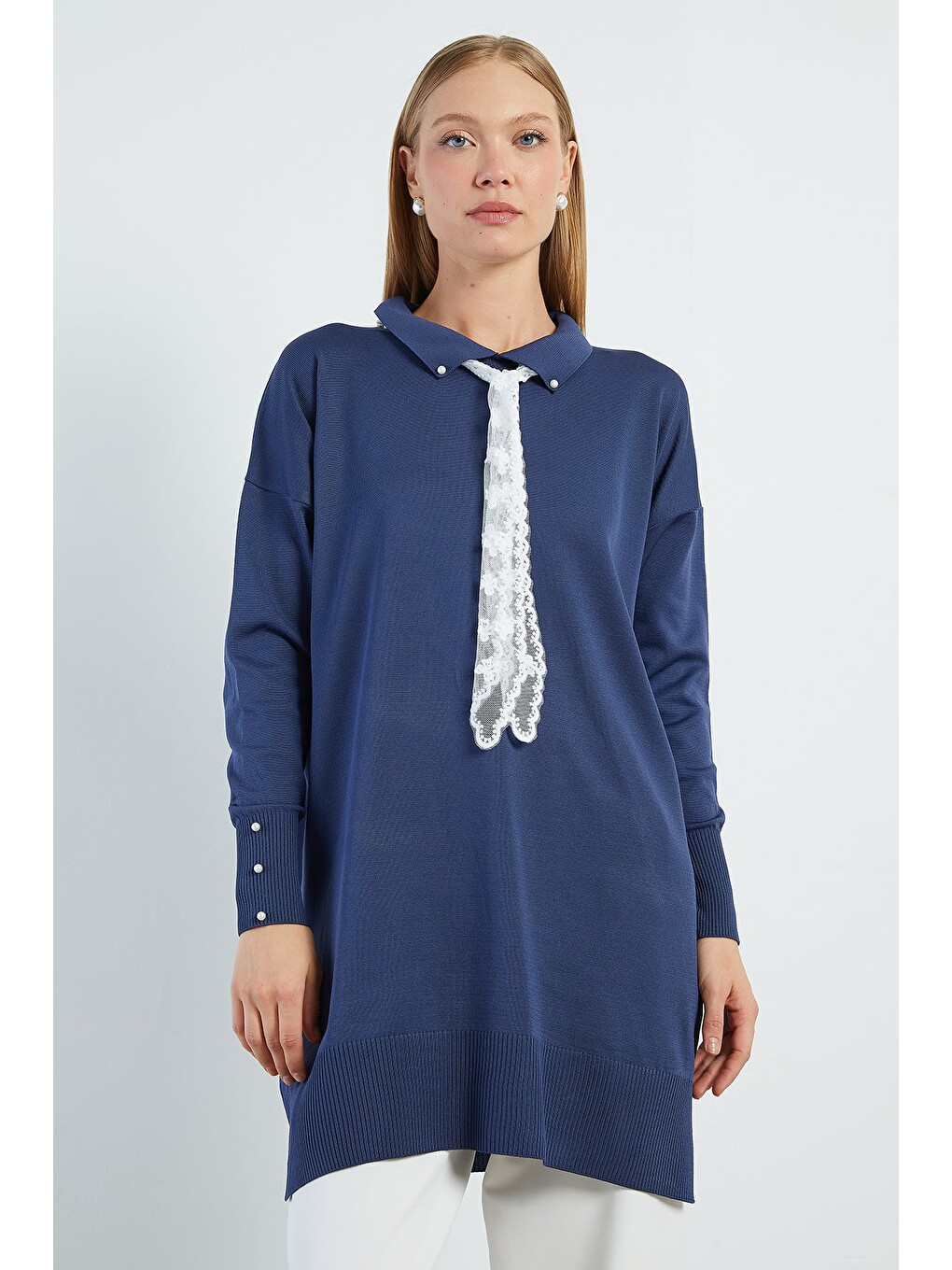 Lacivert Fullamodest Dantel Fularlı Triko Tunik-1