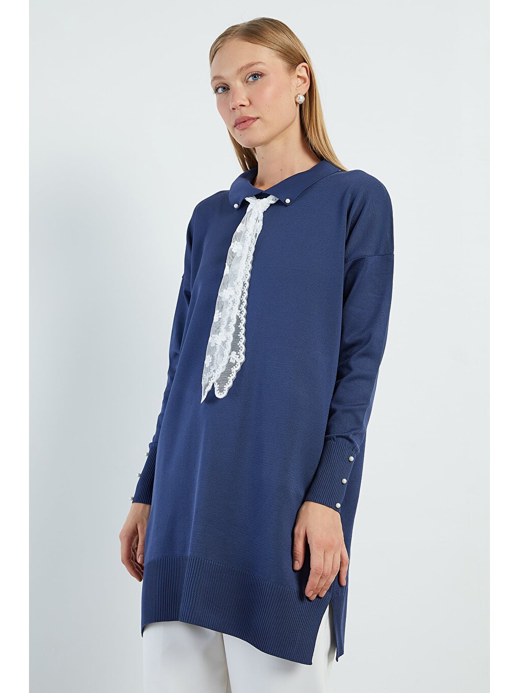 Lacivert Fullamodest Dantel Fularlı Triko Tunik-2
