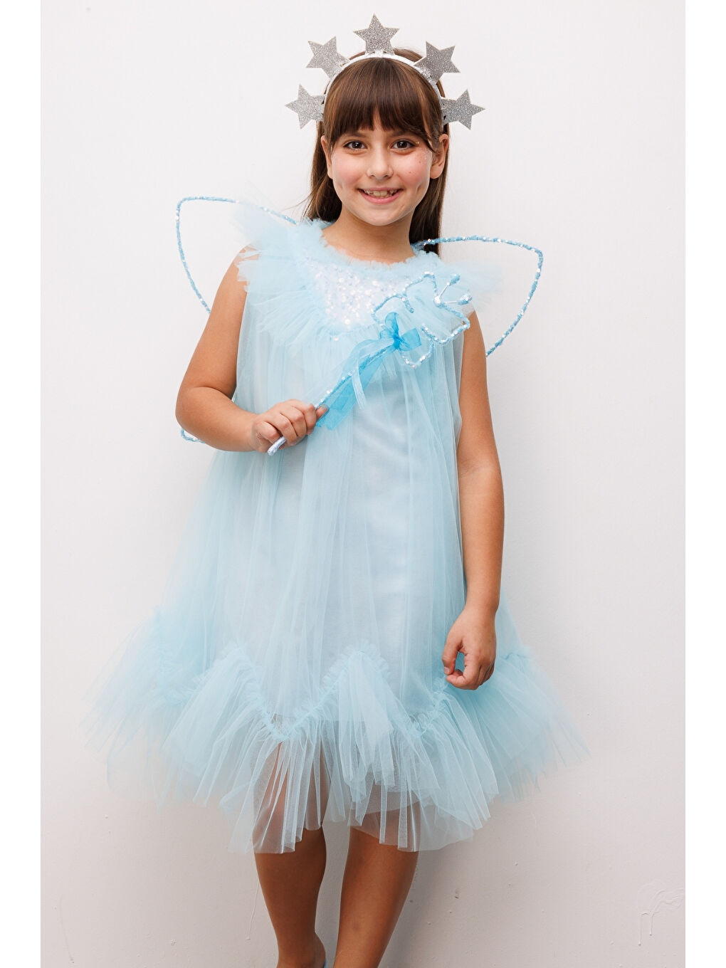 Mavi  Boncuk Detaylı Eteği Zikzaklı Kız Çocuk Elbise - Cherish