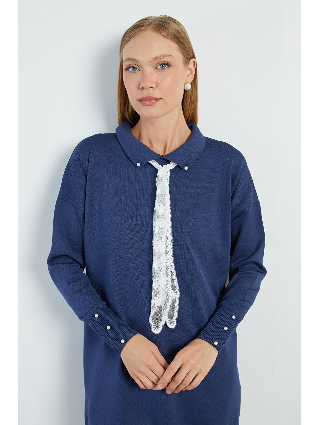Lacivert Fullamodest Dantel Fularlı Triko Tunik-4