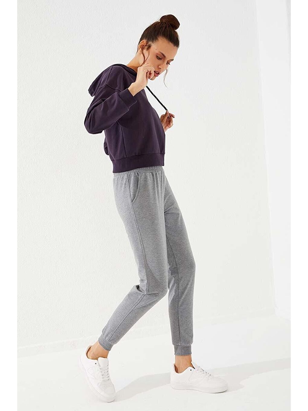 Gri Melanj Baskı Cepli Jogger Rahat Form Manşetli Kadın Eşofman Alt - 94574-2