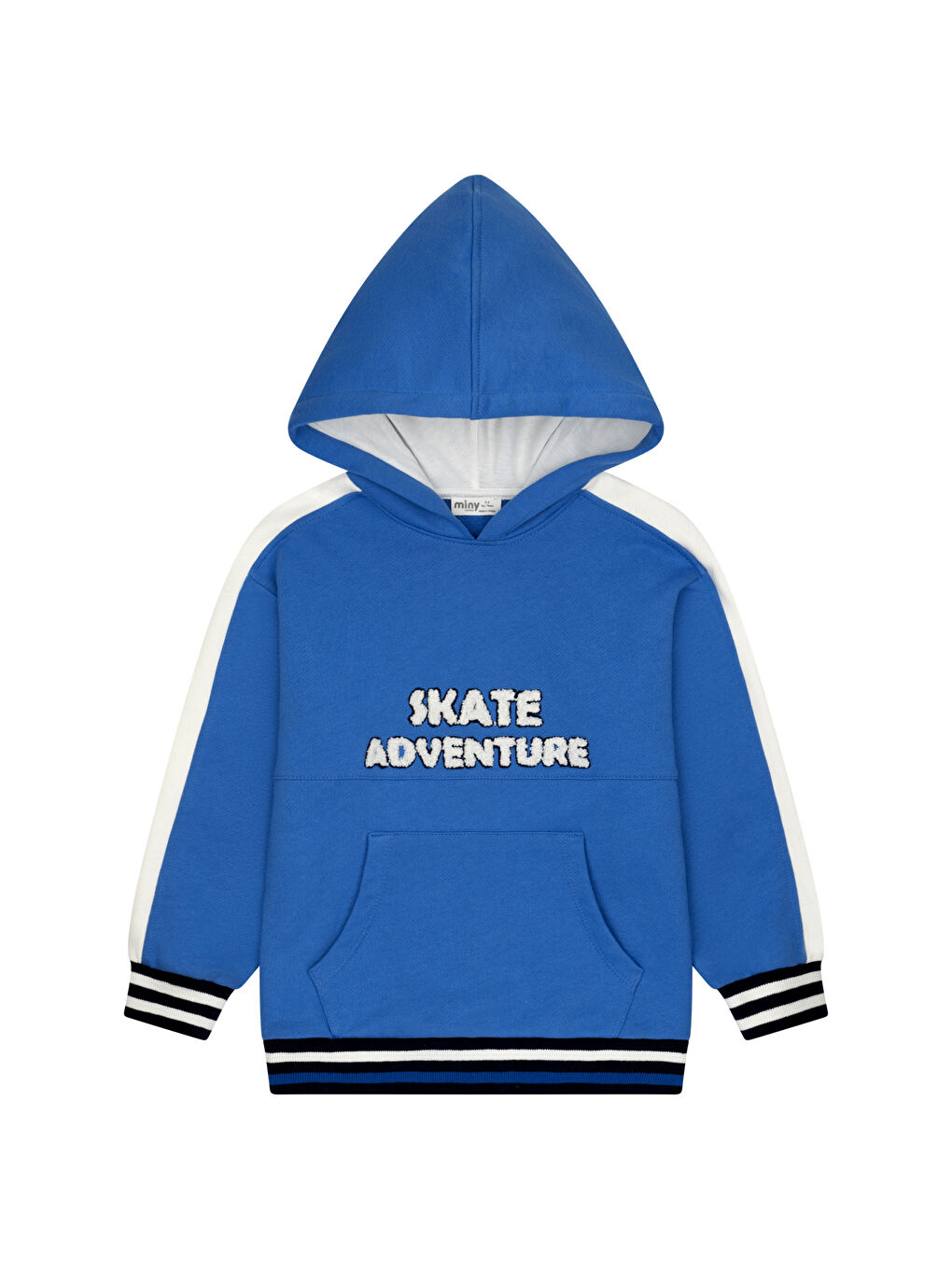 Mavi Kanguru Cepli Nakışlı Kolları Bantlı Kapüşonlu Sweatshirt-1