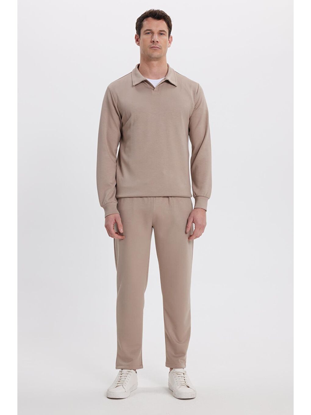 Bej Erkek Slim Fit Dar Kesim Beli Bağcıklı 3 Cepli Geniş Paça Koyu Vizon Eşofman Altı-3