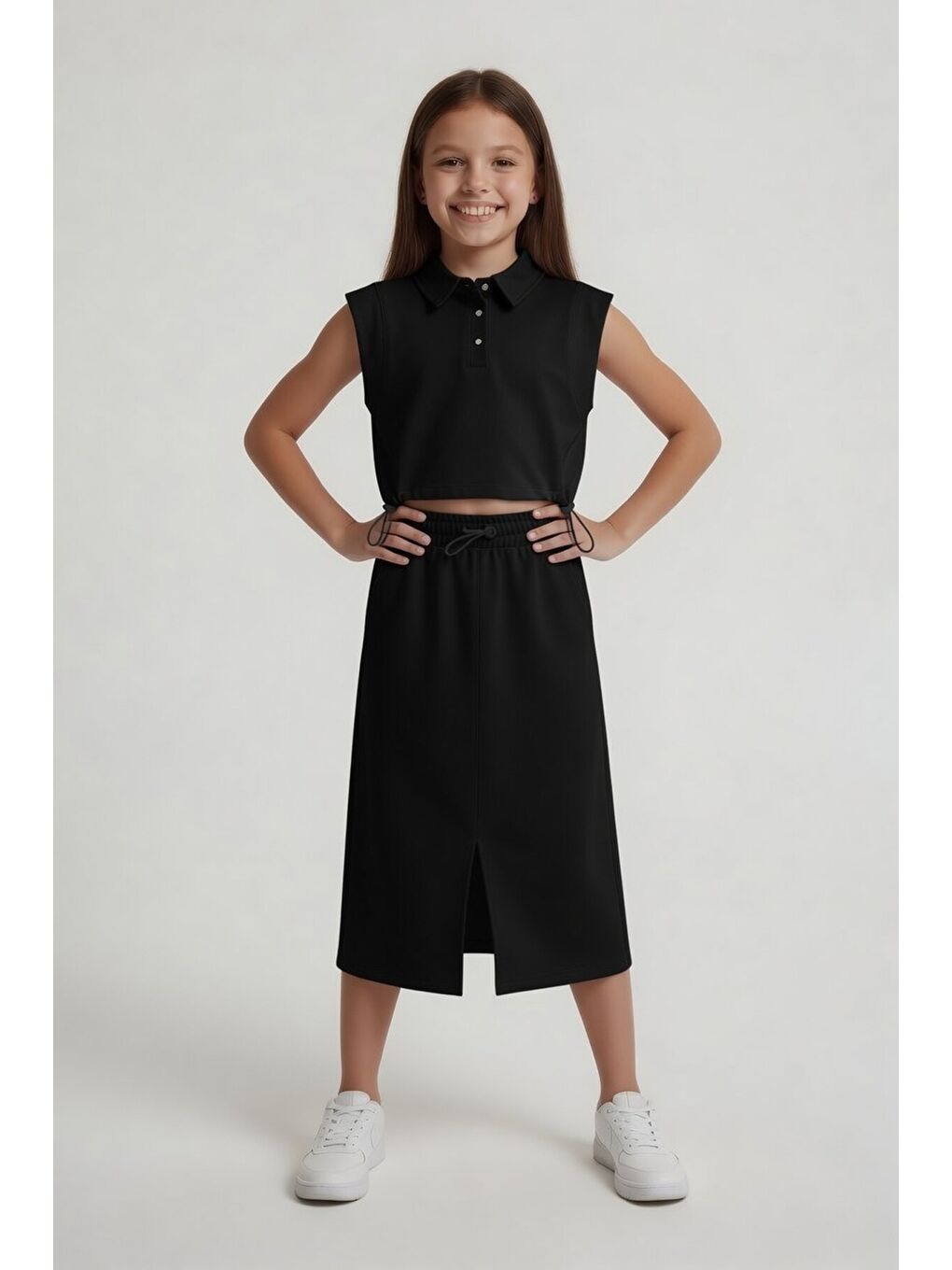 Siyah Sıfır Kol Crop ve Yırtmaç Detaylı Etekli Kız Çocuk Alt Üst Takım 24004-1