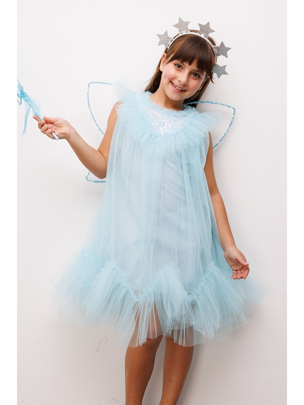 Mavi  Boncuk Detaylı Eteği Zikzaklı Kız Çocuk Elbise - Cherish-1