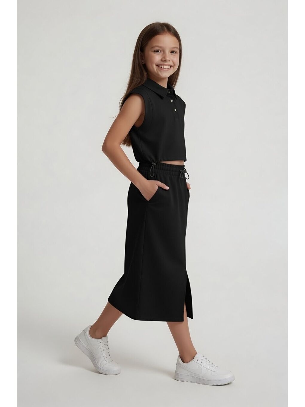 Siyah Sıfır Kol Crop ve Yırtmaç Detaylı Etekli Kız Çocuk Alt Üst Takım 24004-2